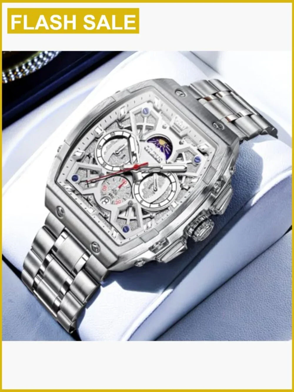 Men's Dress Watch Chronograph Stainless Steel Waterproof Square Face Moon Phase